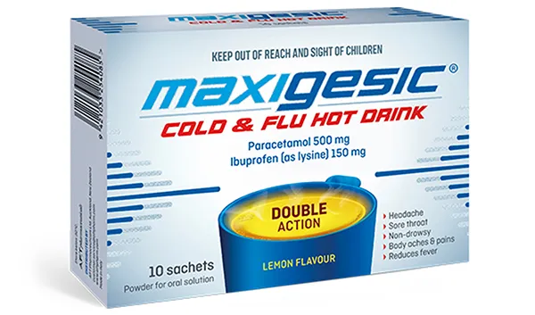 Maxigesic Cold Flu Hot Drink Double Action Sizes 10 Pack Sachets