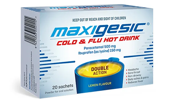 Maxigesic Cold Flu Hot Drink Double Action Sizes 20 Pack Sachets
